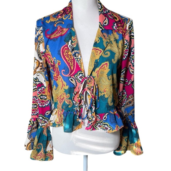 Willow & Root Mixed Paisley Print‎ Chiffon Blouse Bell Sleeves Tie Front Small - Picture 2 of 16